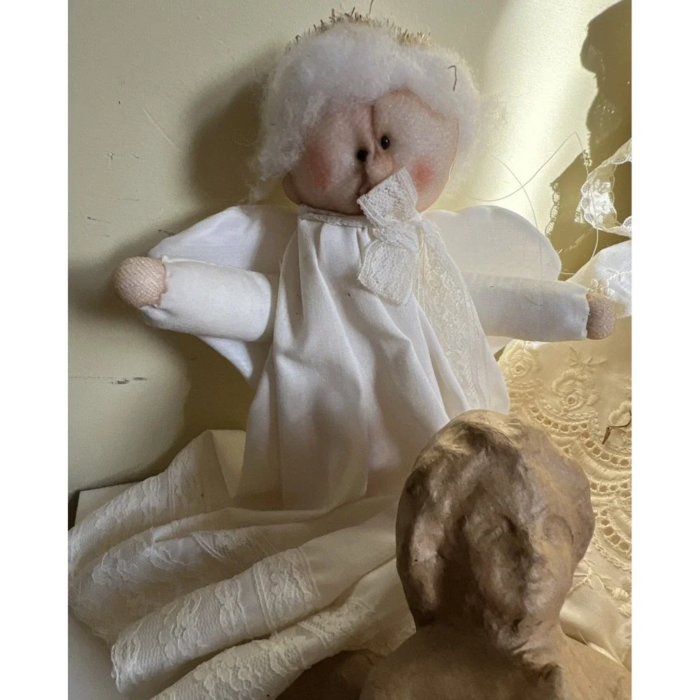 Vintage Primitive Angel Collection Lot Christmas Decor Folk Art Cloth Wood Straw